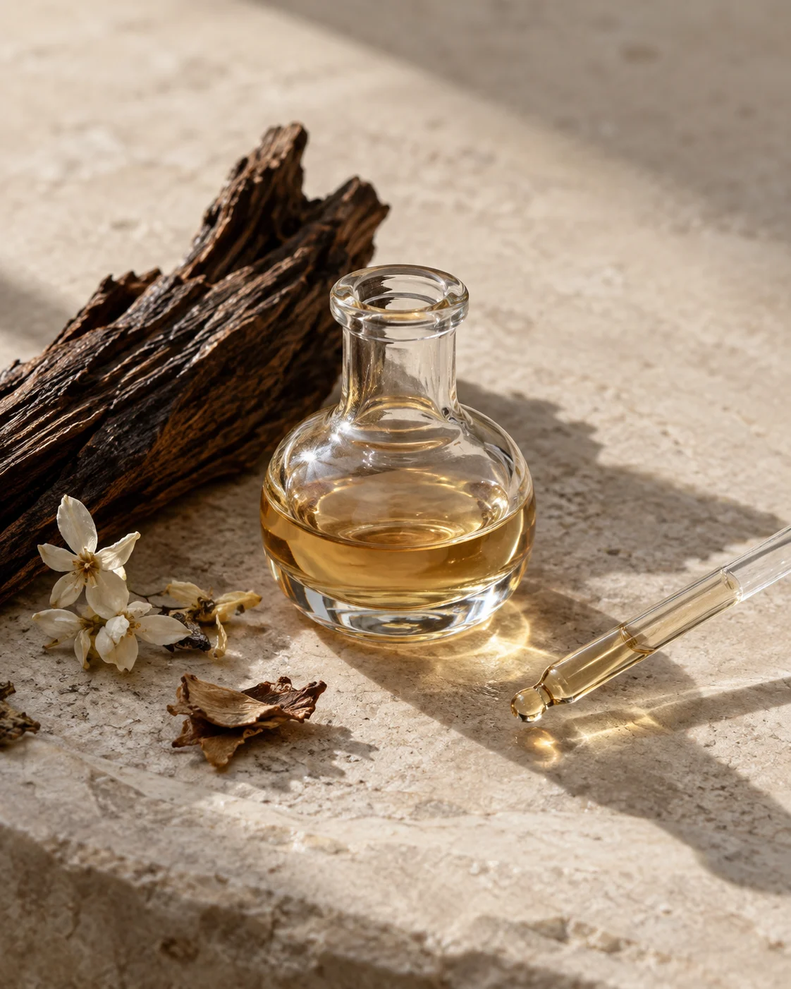 Concept study of fragrance materials, glass, and dark wood on pale stone